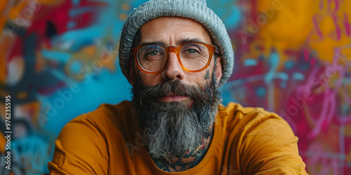 Macho hipster with beard and sunglasses, confidently posing in a stylish hat and casual shirt.