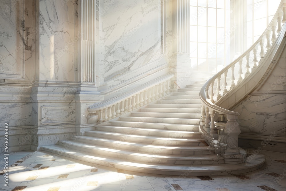 Obraz premium A beautifully designed marble staircase curves upwards, illuminated by soft natural light streaming through large windows, highlighting intricate details.