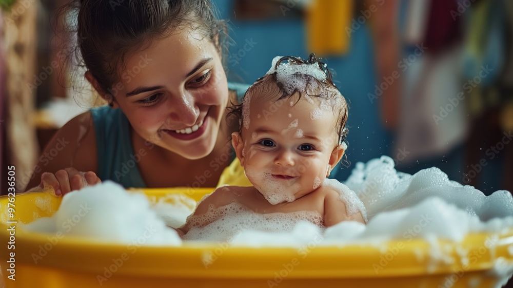 Young mother bathing baby in baby bathtub with foam, concept of nurturing, infant care, and bonding. Young mother bathing baby in baby bathtub with foam, concept of nurturing, infant care, and bonding.