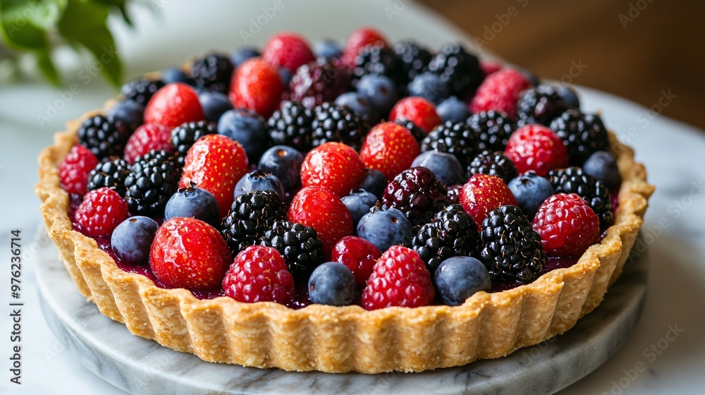 Close-up of a berry tart with a flaky crust, filled with fresh strawberries, raspberries, blueberries, and blackberries.