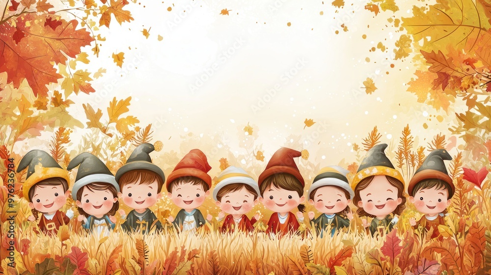 Fototapeta premium Happy Cartoon Kids in Pilgrim Costumes Celebrating Thanksgiving in Harvest Field with Copy Space Below