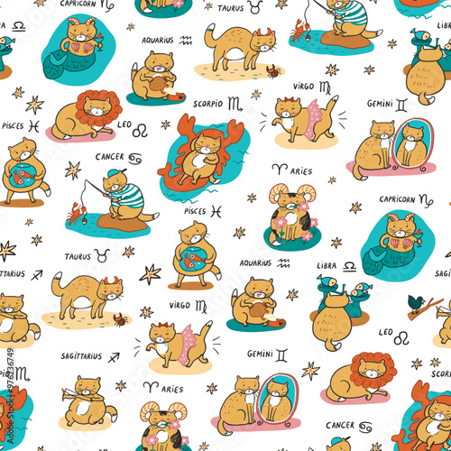 Cat zodiac signs illustration seamless pattern.