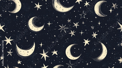 Hand drawn night sky pattern with crescent moons and stars.