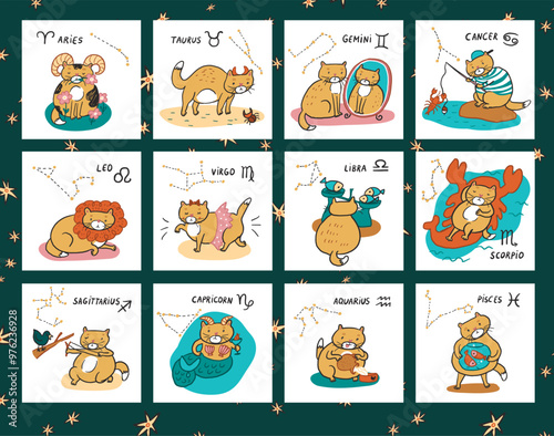 Cat zodiac signs illustrations set.