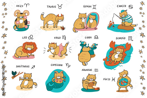 Cat zodiac signs illustrations set.