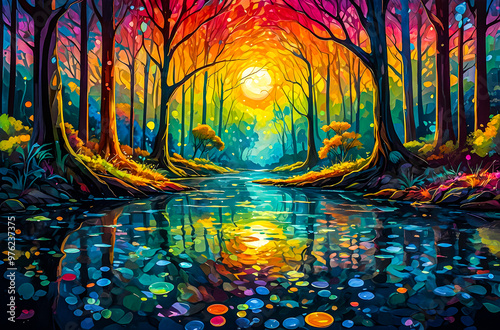 A flowing river of liquid light winds through a colorful, impressionist forest with trees watercolor oil painting vector art illustration 