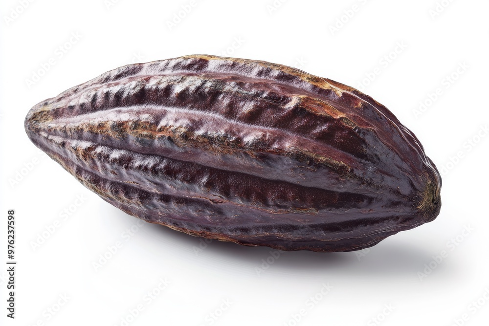 Cocoa Pod Resting on a Light Background, Showcasing Its Rich Purple-Brown Color and Texture Cocoa Pod Resting on a Light Background, Showcasing Its Rich Purple-Brown Color and Texture