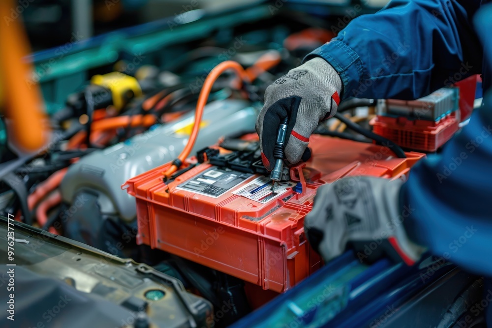 A mechanic is working on a car battery, generative ai image A mechanic is working on a car battery, generative ai image