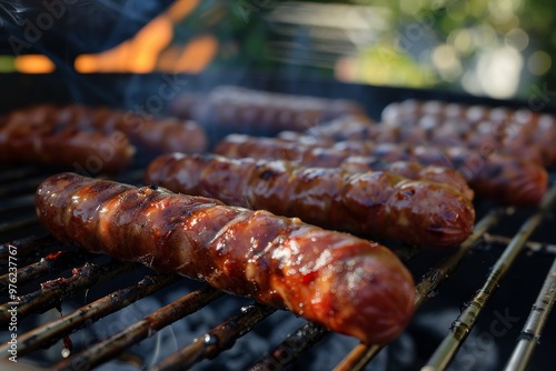 Sausages are being grilled to perfection over an open flame, releasing a tantalizing aroma while friends gather around for a joyful outdoor cookout.