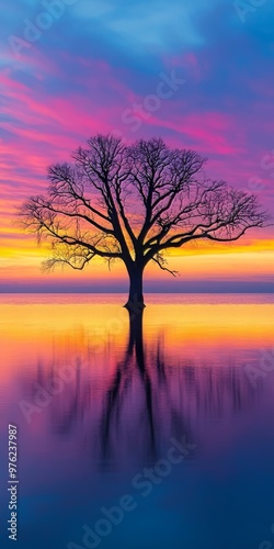 A Lone Tree by a Calm Lake at Sunset Reflects Vibrant Colors on the Water