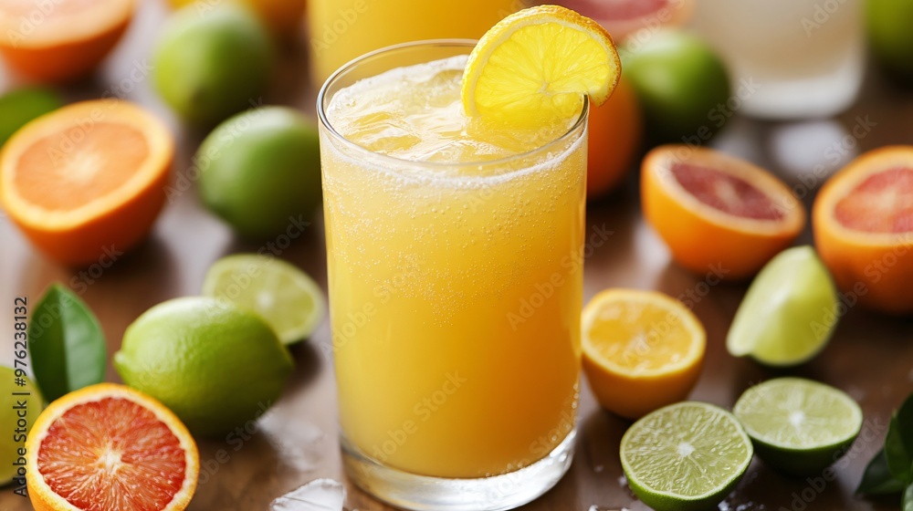 A glass of yellow citrus drink with citrus fruits around it. A glass of yellow citrus drink with citrus fruits around it.