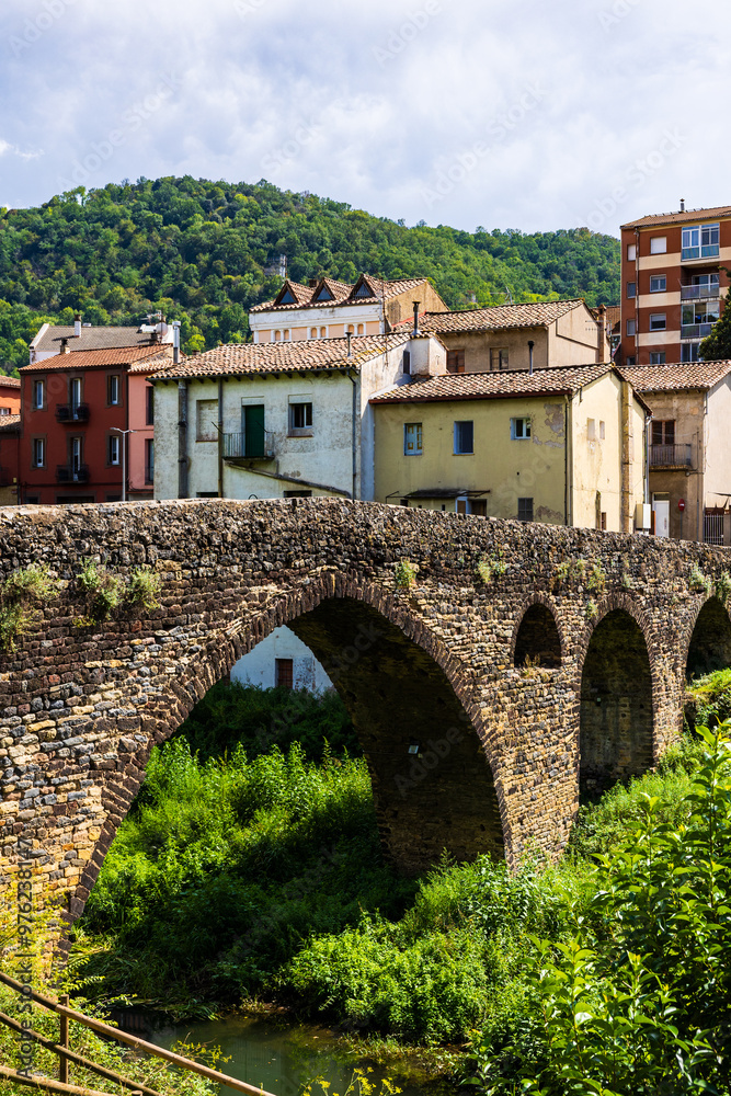 Fototapeta premium Maisons au bord du Río Fluvià à Sant Joan les Fonts en Espagne