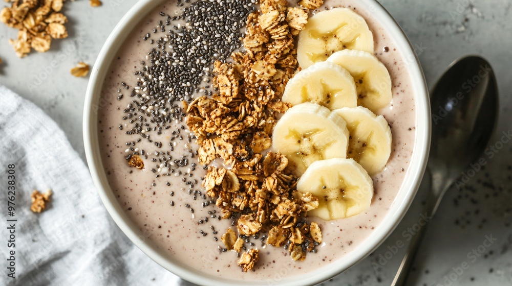 Fototapeta premium Close-up of a smoothie bowl with banana, chia seeds, and granola.