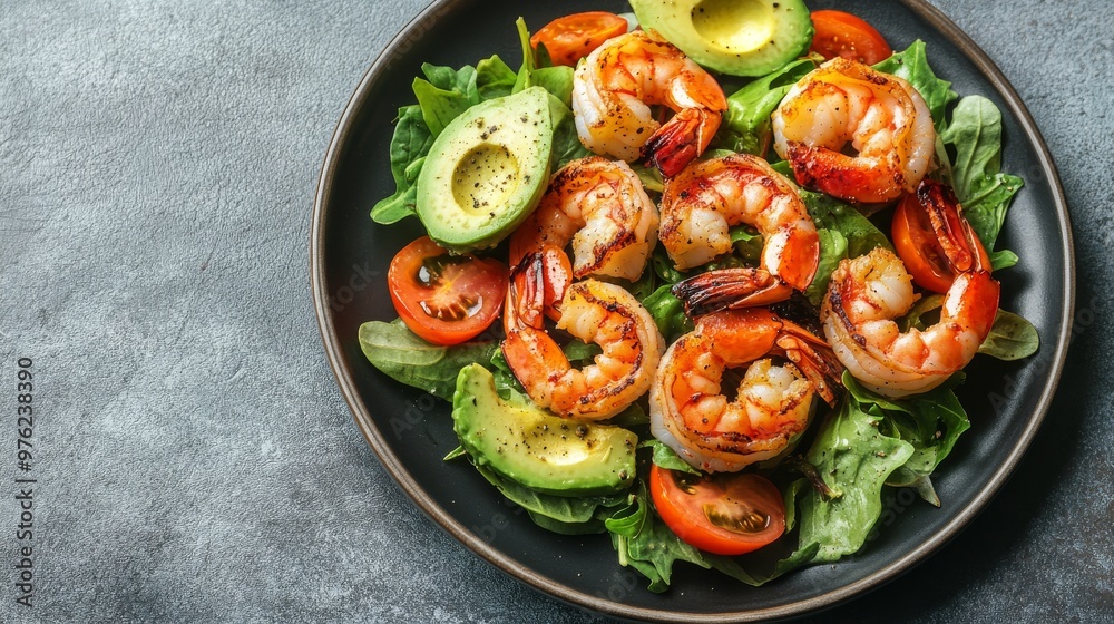 shrimp salad with avocado and tomatoes on a dark plate, photographed from above to showcase a vibrant, healthy meal with room for text and a sleek, modern presentation shrimp salad with avocado and tomatoes on a dark plate, photographed from above to showcase a vibrant, healthy meal with room for text and a sleek, modern presentation