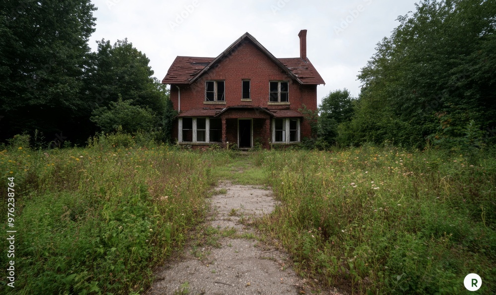 Abandoned Red Brick House With Overgrown Grass in a Secluded Area on a Cloudy Day Abandoned Red Brick House With Overgrown Grass in a Secluded Area on a Cloudy Day