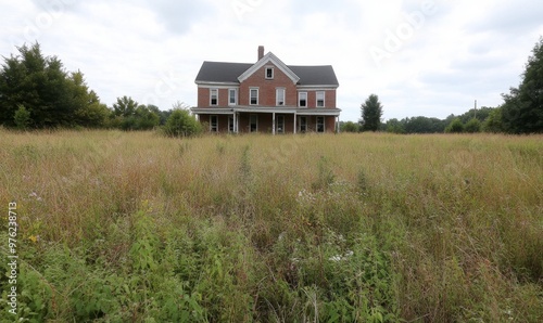 Abandoned Farmhouse Surrounded by Tall Grass in Rural Area Under Cloudy Sky