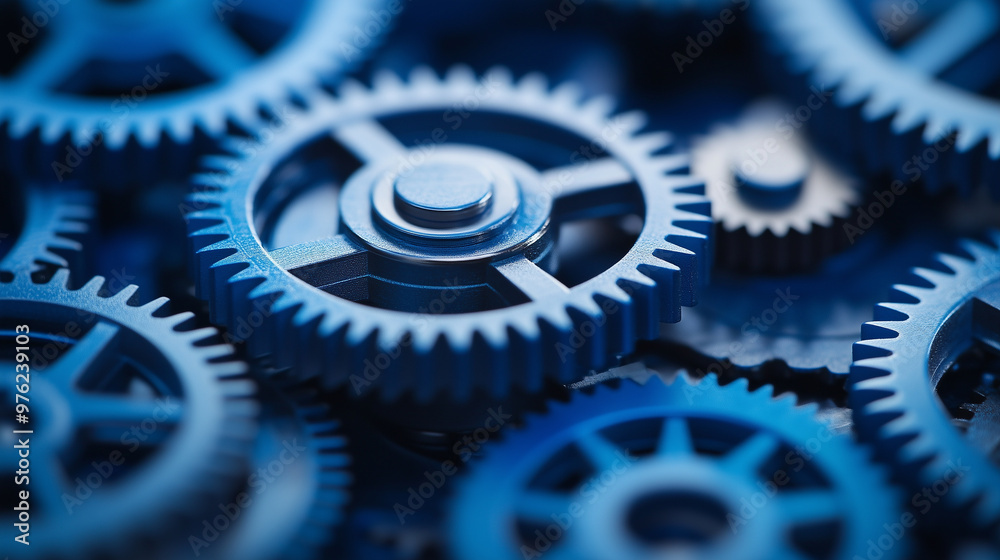 Mechanical Interaction: Detailed View of Blue Gears in Engineering Mechanical Interaction: Detailed View of Blue Gears in Engineering