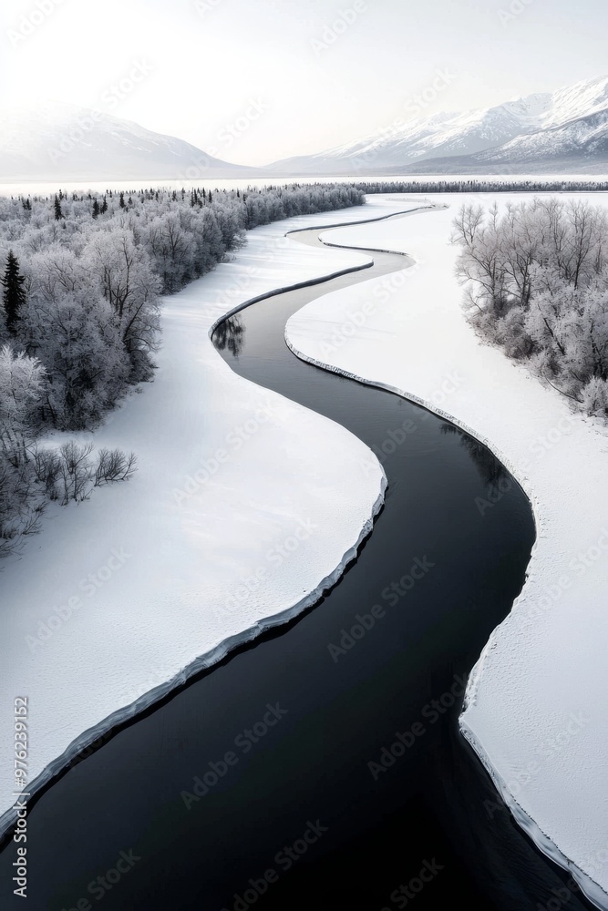 Winding River Through a Snow-Covered Landscape in Winter, Surrounded by Frosty Trees and Mountains Winding River Through a Snow-Covered Landscape in Winter, Surrounded by Frosty Trees and Mountains