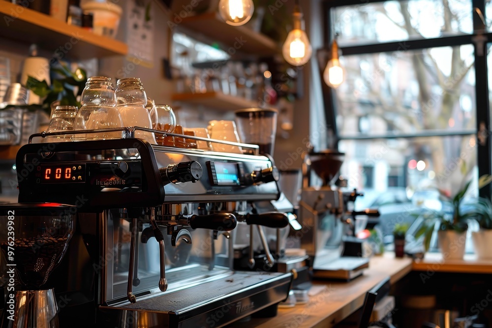 Obraz premium A barista skillfully operates an espresso machine in a vibrant cafÃ© filled with warm light and a view of the bustling street outside.