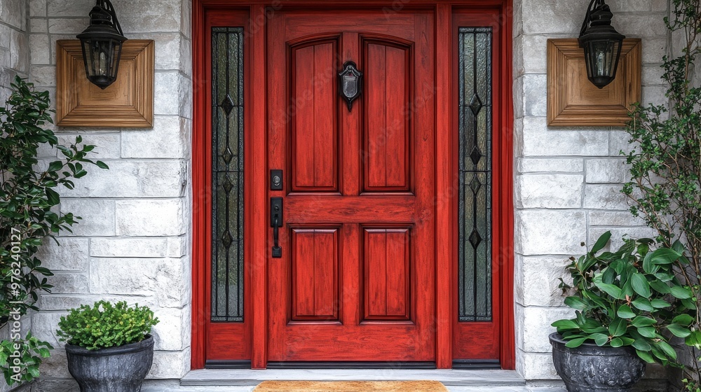 A Welcoming Red Door With Decorative Glass Panels at a Stone House Entrance Surrounded by Greenery A Welcoming Red Door With Decorative Glass Panels at a Stone House Entrance Surrounded by Greenery