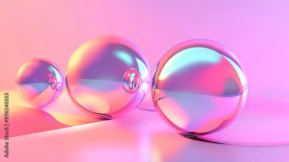 Three iridescent spheres on a pink background. Three iridescent spheres on a pink background.