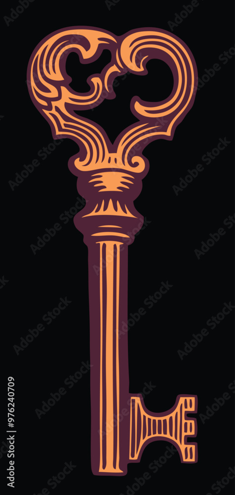 An ancient golden key. Editable hand drawn illustration. Vector vintage engraving. Isolated on black background. 8 EPS An ancient golden key. Editable hand drawn illustration. Vector vintage engraving. Isolated on black background. 8 EPS