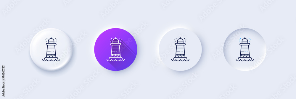 Lighthouse line icon. Neumorphic, Purple gradient, 3d pin buttons. Searchlight tower sign. Beacon symbol. Line icons. Neumorphic buttons with outline signs. Vector Lighthouse line icon. Neumorphic, Purple gradient, 3d pin buttons. Searchlight tower sign. Beacon symbol. Line icons. Neumorphic buttons with outline signs. Vector