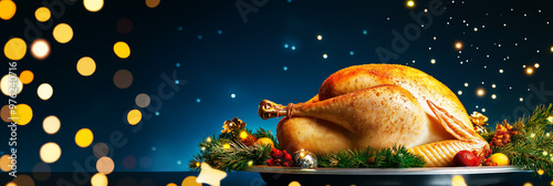 Elegant Thanksgiving background showcasing a golden turkey, stars, and deep blue night sky
