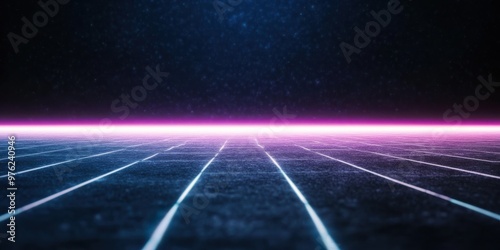 A digitally created futuristic scene featuring a glowing pink and blue grid extending towards the horizon under a beautifully starry night sky, exuding a sense of wonder and science fiction. photo