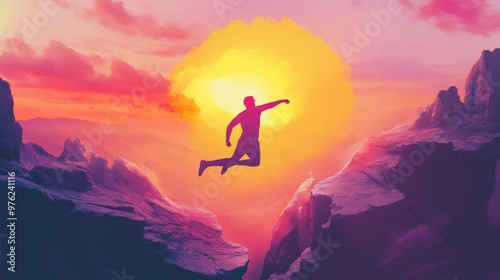 Man Jumping Over Gap Between Mountains at Sunset.