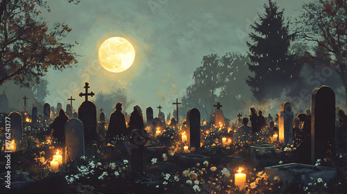 Cemetery at Night with Candlelight and Marigold Flowers for Day of the Dead. AI generative.