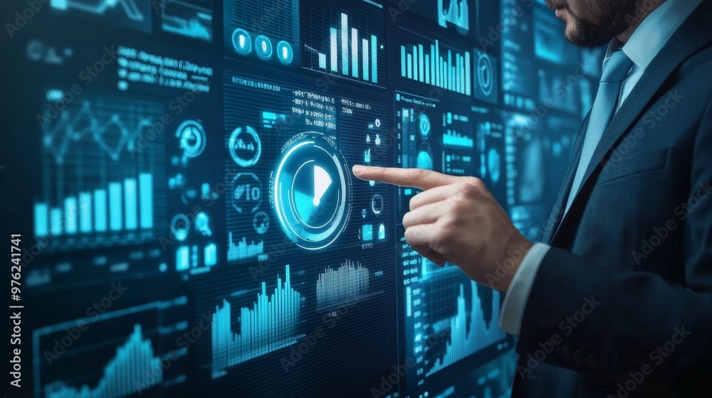 Businessman Analyzing Data on Futuristic Interface. Businessman Analyzing Data on Futuristic Interface.