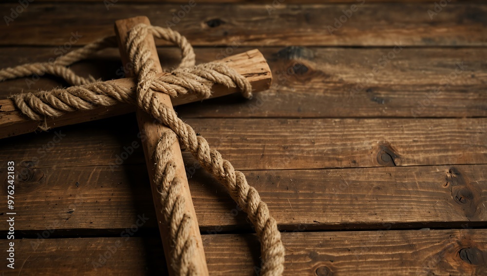 Wooden cross and rope on a rustic table. Wooden cross and rope on a rustic table.