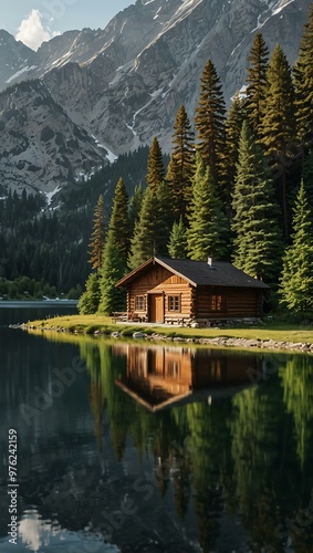 Wooden cabin by a serene mountain lake with alpine scenery.