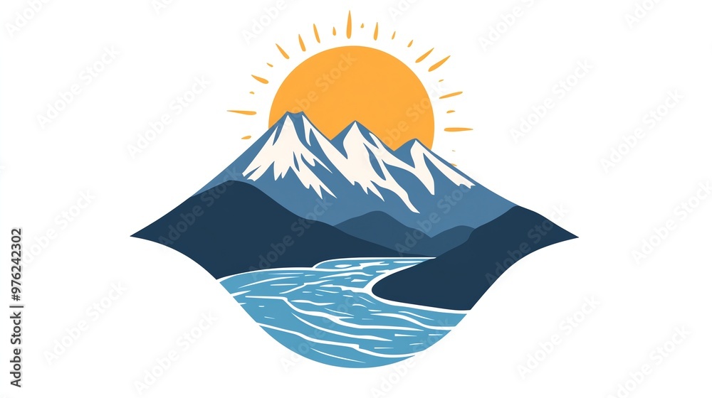 A mountain range with a sun and a river in front. A mountain range with a sun and a river in front.