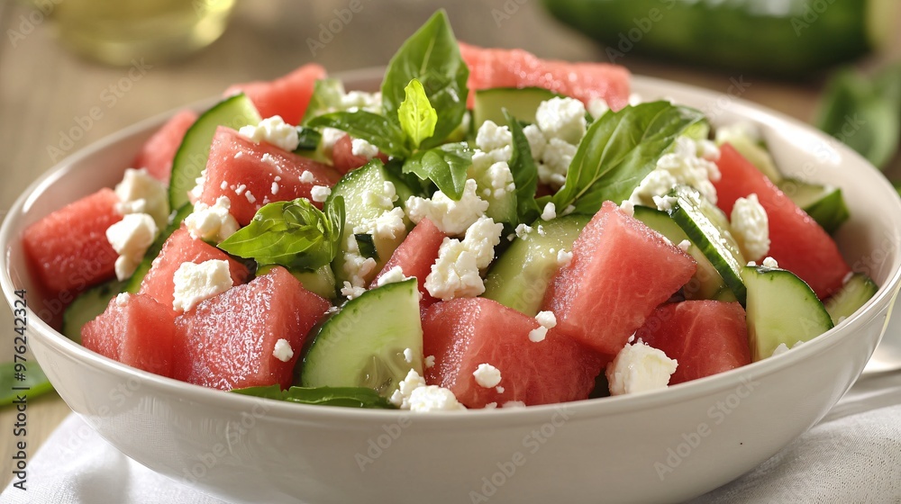 Fresh watermelon, cucumber, and feta cheese salad in a white bowl. Fresh watermelon, cucumber, and feta cheese salad in a white bowl.