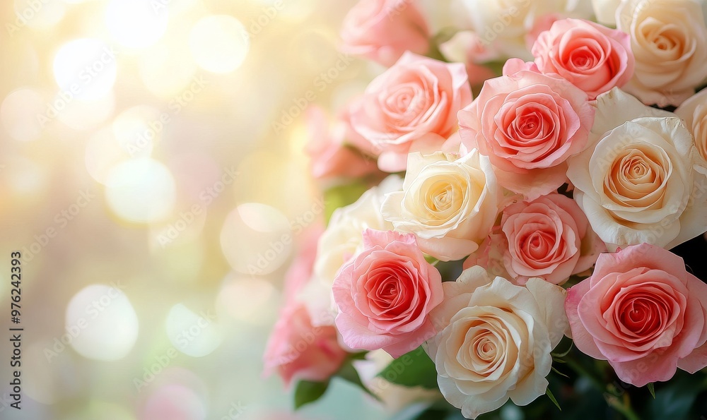 A Colorful Bouquet of Roses in Soft Sunlight Brightening a Lush Garden Setting A Colorful Bouquet of Roses in Soft Sunlight Brightening a Lush Garden Setting