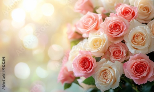 A Colorful Bouquet of Roses in Soft Sunlight Brightening a Lush Garden Setting