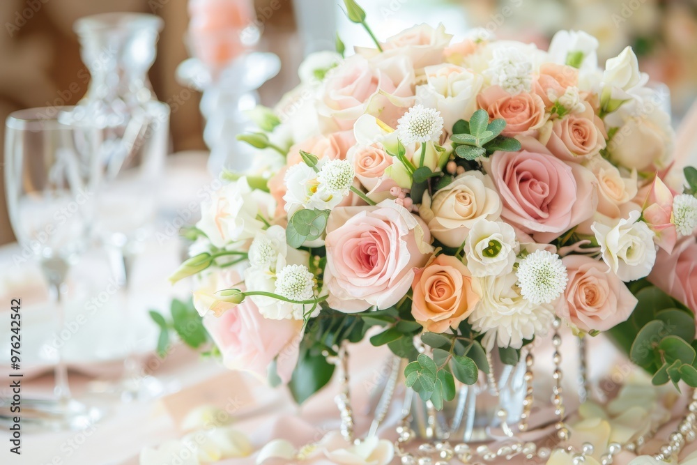 A table with a vase of flowers and a glass of wine, generative ai image A table with a vase of flowers and a glass of wine, generative ai image