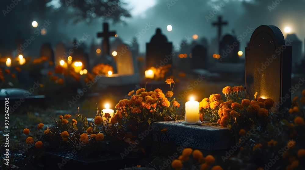 Cemetery at Night with Candlelight and Marigold Flowers for Day of the Dead. AI generative. Cemetery at Night with Candlelight and Marigold Flowers for Day of the Dead. AI generative.