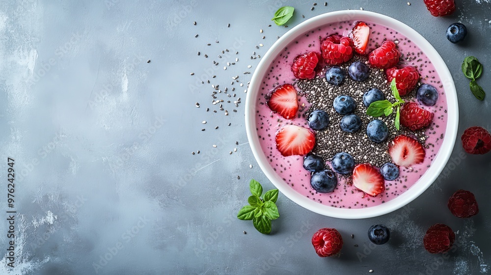 vibrant pink smoothie bowl with fresh berries, chia seeds, and mint leaves on a gray concrete surface, captured from an aerial view with bright studio lighting and top-down perspective vibrant pink smoothie bowl with fresh berries, chia seeds, and mint leaves on a gray concrete surface, captured from an aerial view with bright studio lighting and top-down perspective