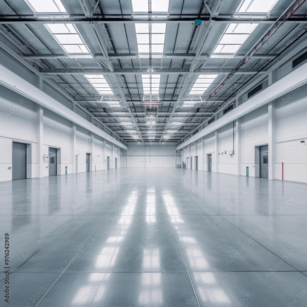 Spacious, empty, white industrial warehouse with sleek, polished floors and high ceiling with skylights, ready for storage or manufacturing. Spacious, empty, white industrial warehouse with sleek, polished floors and high ceiling with skylights, ready for storage or manufacturing.