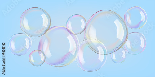 Transparent circle soap bubbles float in bath water, 3D sphere. Rainbow glass ball reflects soap suds. Liquid drops, gradient contrast flare on sky blue wash, design elements for air balloons in wind.