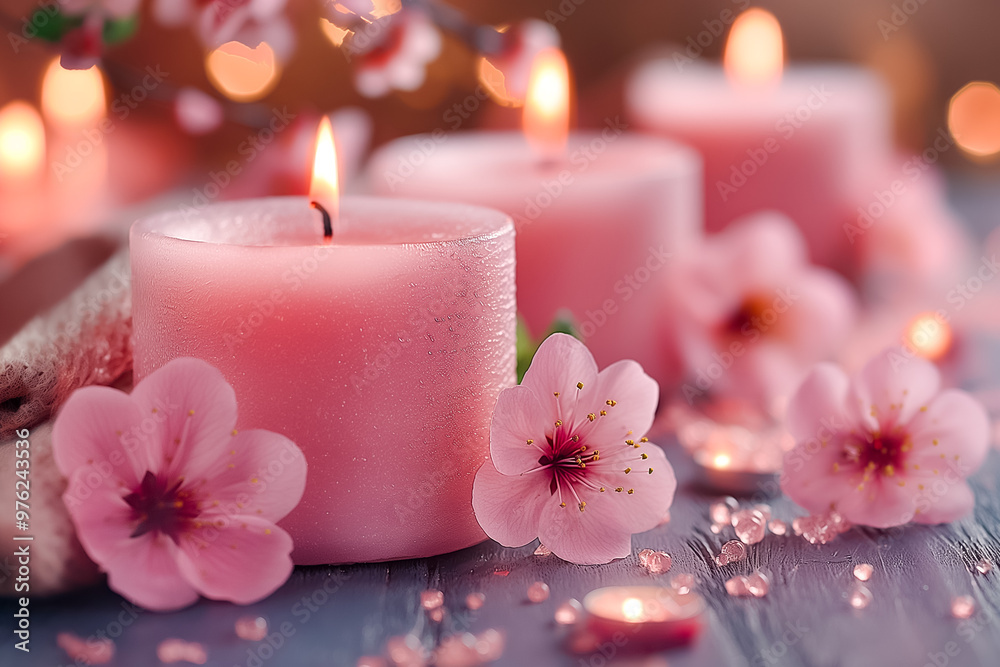 Softly glowing pink candles are arranged alongside delicate cherry blossoms on a rustic wooden table, creating a serene and inviting ambiance Softly glowing pink candles are arranged alongside delicate cherry blossoms on a rustic wooden table, creating a serene and inviting ambiance