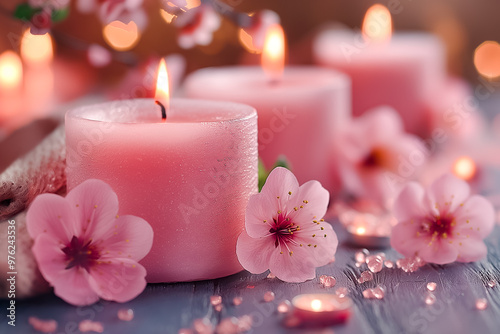 Softly glowing pink candles are arranged alongside delicate cherry blossoms on a rustic wooden table, creating a serene and inviting ambiance