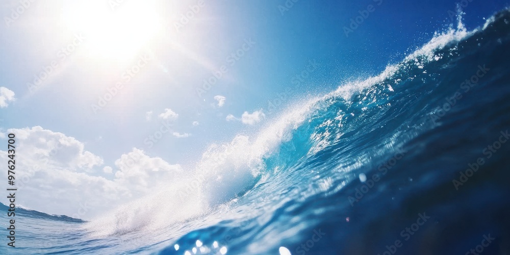 Fototapeta premium A powerful ocean wave crests under a bright sunlit sky with scattered clouds, capturing the energy and majesty of the sea during a clear day at the beach.