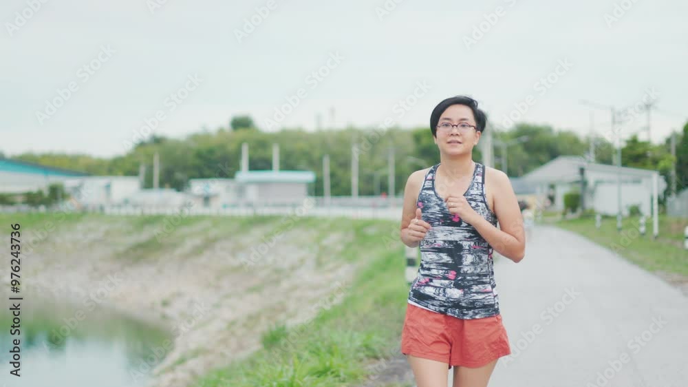 Asian happy, beautiful woman is smiling during her morning workout, jogging in the park for active lifestyle and healthy habits. Her fitness shows balance of physical fitness and mental well-being. Asian happy, beautiful woman is smiling during her morning workout, jogging in the park for active lifestyle and healthy habits. Her fitness shows balance of physical fitness and mental well-being.