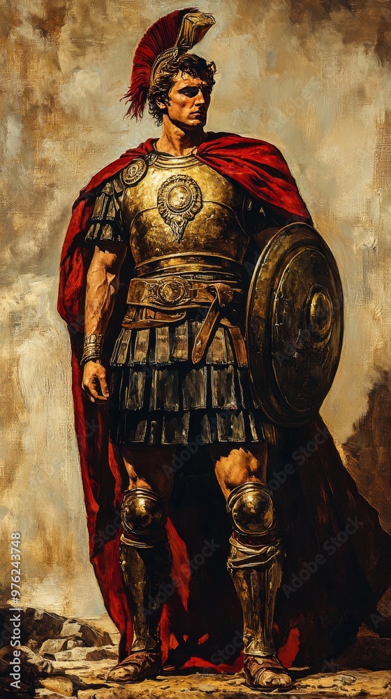 Obraz premium A Roman Warrior Stands Proudly in Armor With a Red Cape Against a Dramatic Background