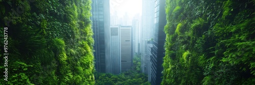 A striking image of high-rise buildings surrounded by dense, lush greenery, blending the urban setting with nature, illustrating the concept of a green cityscape. photo