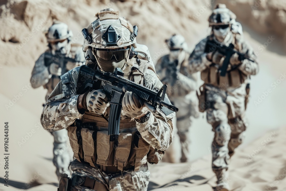 A group of soldiers in desert camouflage prepares for a tactical operation, showcasing teamwork and focus while advancing through sandy terrain under daylight. A group of soldiers in desert camouflage prepares for a tactical operation, showcasing teamwork and focus while advancing through sandy terrain under daylight.